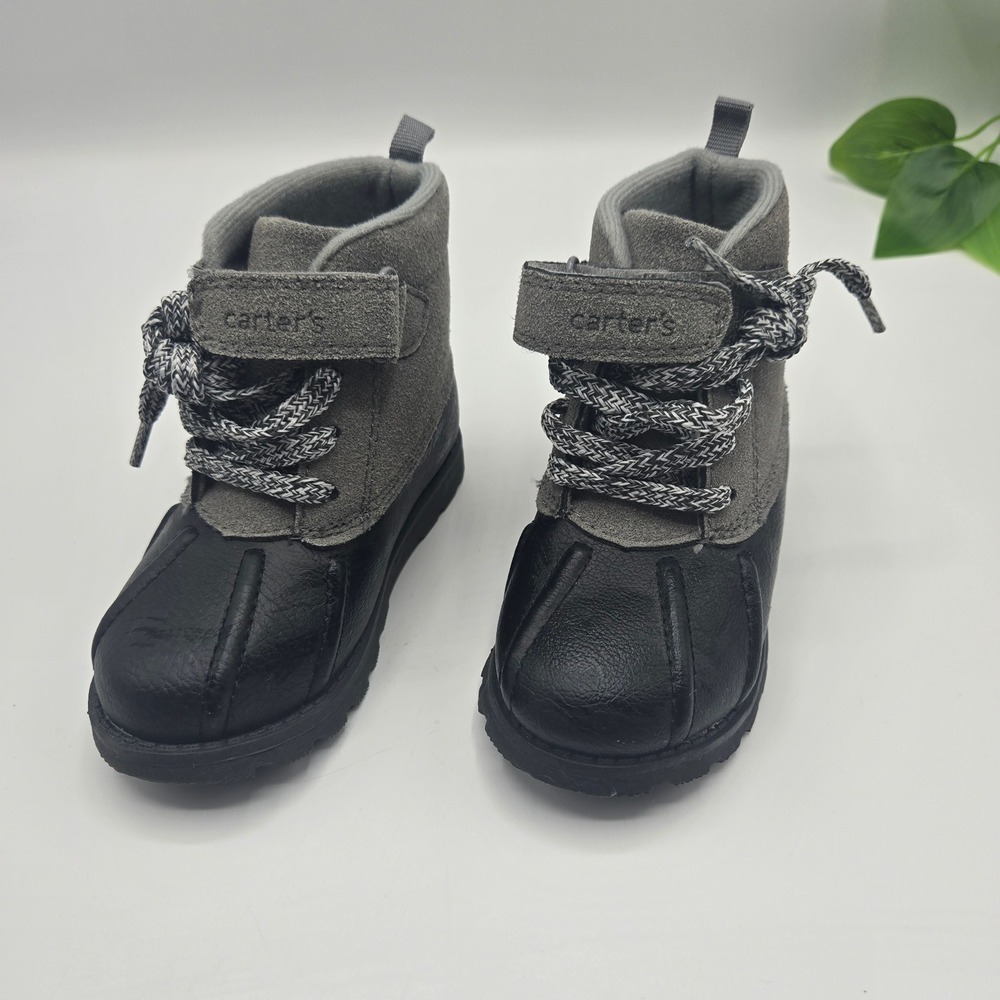 NEW Carter's Duck Boots Grey Black Faux Suede Leather Hook Loop Toddler Boy SZ 7